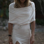 Long maxi dress made of very soft, natural, breathable fiber. With a cowl neck piece that converts into a hood or a shawl. A wardrobe staple. Slow and sustainable fashion.