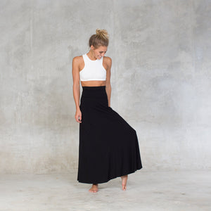 High waisted maxi skirt.  Cut on a wide circular flare, the skirt features a wide waistband which can be folded over for a low waist fit. Can also be worn as a dress and is suitable for all occasions. Made of certified Oeko-Tex Standard 100 Bamboo with lycra. Slow and sustainable fashion.